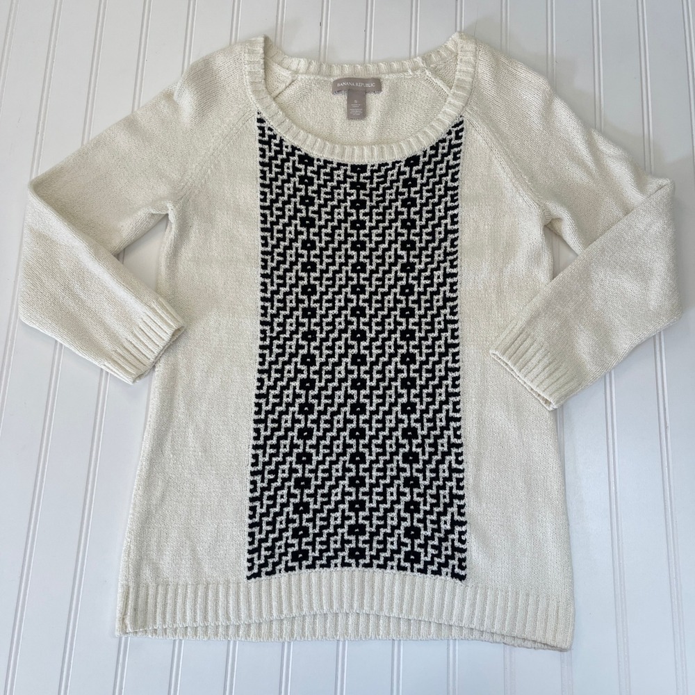 Banana Republic Womens‎ White Black Geometric Intarsia Cotton Silk Sweater Small